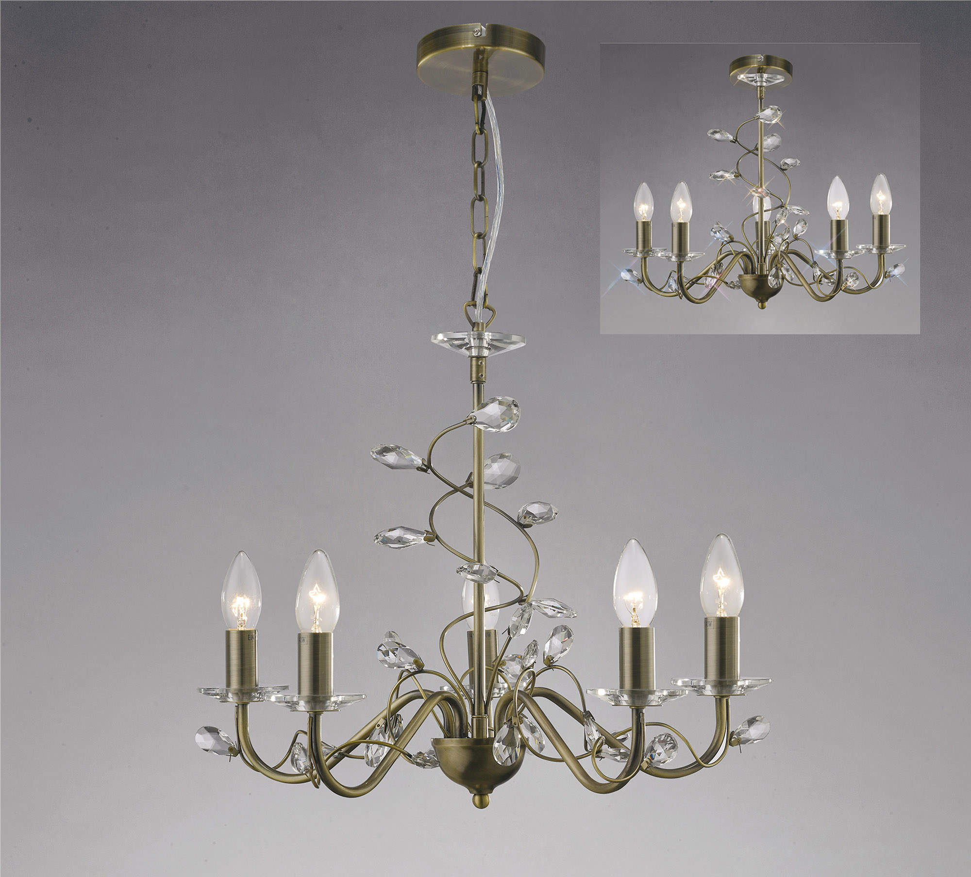 IL31225  Willow Crystal Pendant 5 Light Without Shade Antique Brass